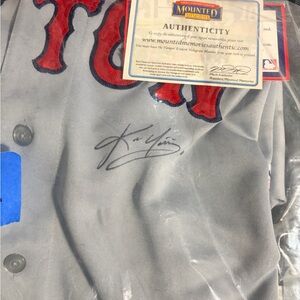 Majestic Gray and Blue Logo Patch autographed by Kevin youkilis.